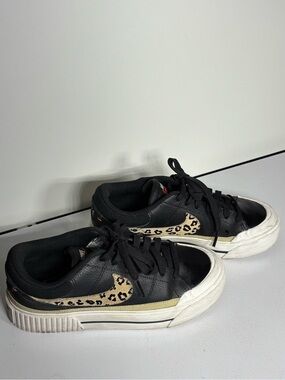 Nike Black Court Legacy Lift Sneakers with Leopard Print Swoosh and White Soles